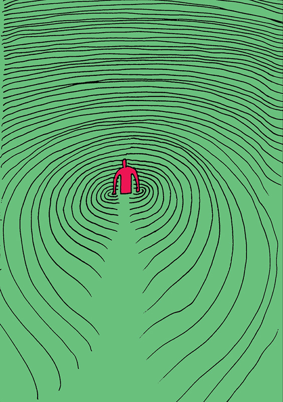 Pessoa vermelha num fundo verde